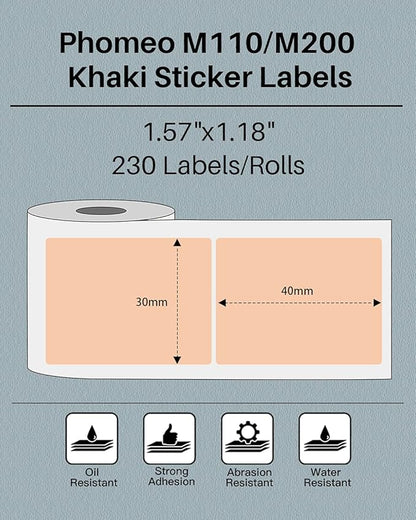 Phomemo Sticker Label M110/M221/M220/M120/M200/M110S Thermal Label- Black on Khaki 1.57"x1.18"(40x30mm) for Small Business, Home, Office, 230 Labels/Roll
