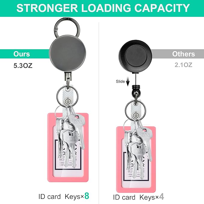 Will Well ID Badge Holder Reel with Clip and Keyring - Heavy-Duty All-Metal Casing with 27.5" UHMWPE Fiber Pull Cord for Durability and Easy Access, Holds up to 8 Keys - 2-Pack, Round, Glossy Silver