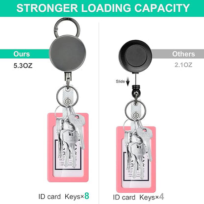 Will Well ID Badge Holder Reel with Clip and Keyring - Heavy-Duty All-Metal Casing with 27.5" UHMWPE Fiber Pull Cord for Durability and Easy Access, Holds up to 8 Keys - 2-Pack, Round, Glossy Silver