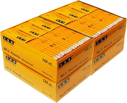 SKKSTATIONERY 576 Pack Pre-sharpened pencils, Bulk Yellow Sharpened Pencils with eraser top, # 2 HB pencil for classroom office Supplies, Writing, Drawing and Sketching 144Pcs*4Box.