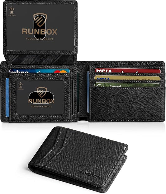 RUNBOX Wallet for Men Slim Rfid Leather 2 ID Window With Gift Box