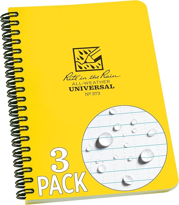 Rite in the Rain Weatherproof Side Spiral Notebook, 4.625" x 7", Yellow Cover, Universal Pattern, 3 Pack (No. 373L3)