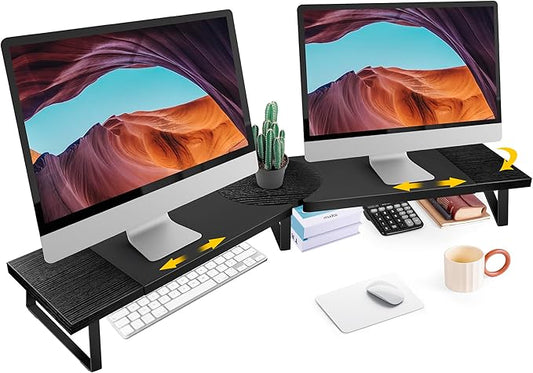 Dual-Monitor-Riser-Stand-For-Desk, Large Monitor Stand Riser For 2 Monitors With Adjustable Length Angle, Double Computer Riser For Desktop Organizer, Monitor Shelf Riser For TV Laptop Printer