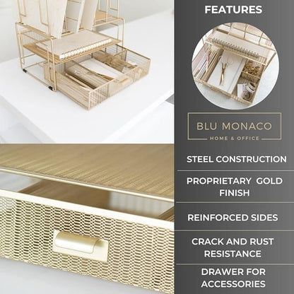 BLU MONACO Gold Desk Accessories and Workspace, Desktop Organizer - Cute File Organizer for Desk and Drawer Storage for Office Supplies, Paper, Device and Folders - File Holder