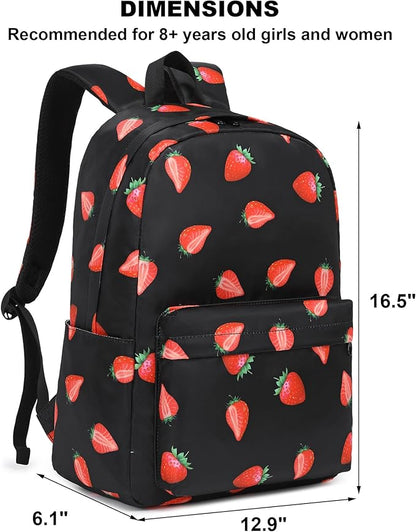 Strawberry School Backpack for Teens Girls, Womens College Bookbags Kids School Bags Laptop Backpacks