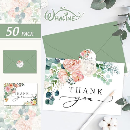 Whaline 50 Pack Floral Thank You Cards Boxed Watercolor Flower with Green Leaves Blank Note Cards with Envelopes Stickers Greeting Cards for Spring Wedding Birthday