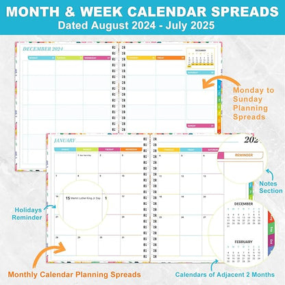 Teacher Planner 2024-2025, Weekly and Monthly Planners 2024-2025 for Women & Men in Aug.2024 - Jul.2025, 8.5"x 11" Marked Tabs, Hardcover with Elastic Closure, Back Pocket, Twin-Wire Binding (Flower)