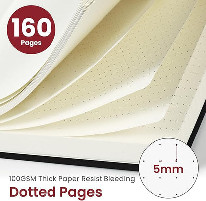 Bullet Dotted Journal Notebook for Women & Men, Hardcover Leather Journal for Writing, A5 Bullet Journaling Notebook for Work & Sketching, Perfect for Office School Home Supplies, 160 Pages, Black