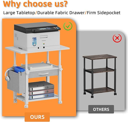 22"x15" Large Printer Stand with Storage Drawer and Side Bag, 3-Tier Height Adjustbale Printer Table for Home Office, Rolling Printer Cart fit Heat Press/Laser printer/3D Printer(White)