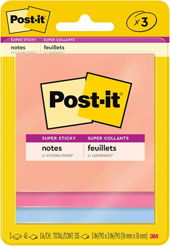 Post-it Super Sticky Notes, 3 Sticky Note Pads, 3 x 3 in., School Supplies, Office Products, Sticky Notes for Vertical Surfaces, Monitors, Walls and Windows, Summer Joy Collection