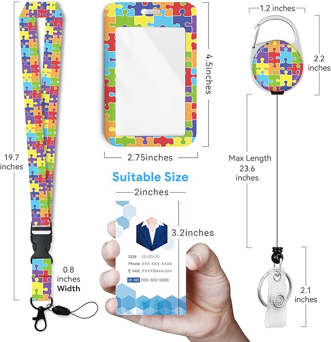 Puzzle Badge Holder with Retractable Reel and Breakaway Lanyard，Badge Clips Retractable Heavy Duty Badge Reel，Funny Keychain，ID Holder with Breakaway Lanyard for School Nurse Office Teen
