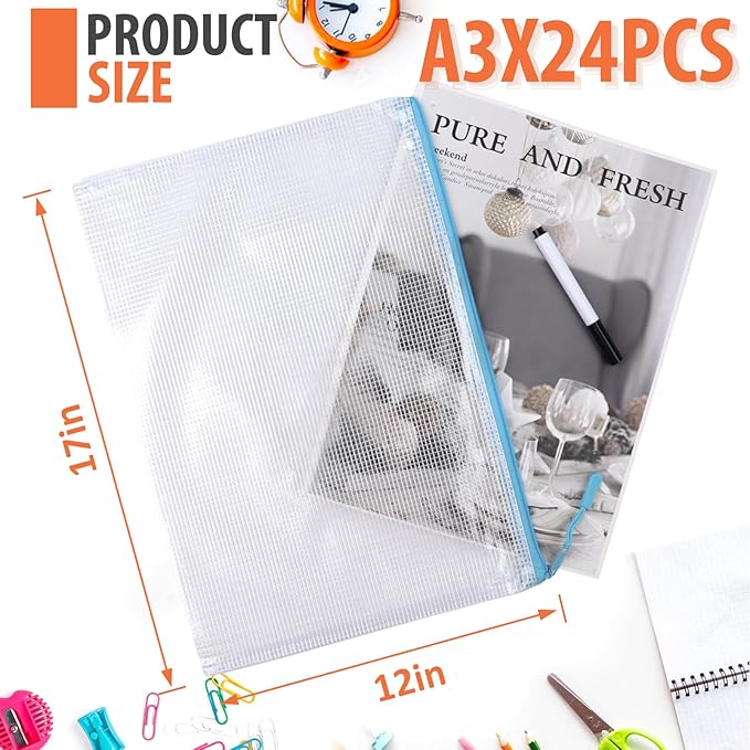 24pcs Mesh Zipper Pouch, Puzzle Storage Bags, A3 17x12 Inches Large Reusable Zipper Pouches for for Classroom Office Supplies Organizing, Extra Large Zipper Bags, Board Game Storage（8 Color）