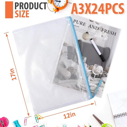 24pcs Mesh Zipper Pouch, Puzzle Storage Bags, A3 17x12 Inches Large Reusable Zipper Pouches for for Classroom Office Supplies Organizing, Extra Large Zipper Bags, Board Game Storage（8 Color）