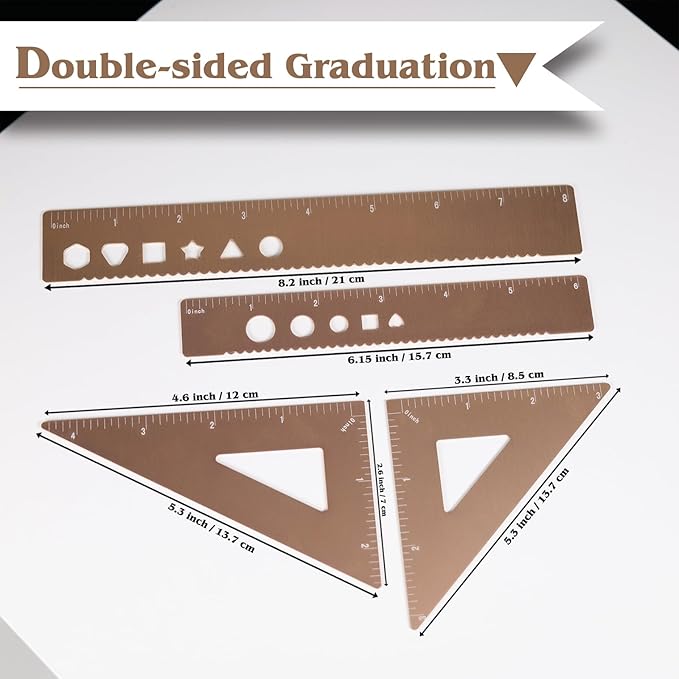 5 Pcs Metal Geometry Set, Math Drafting Ruler Kit- Aluminum Triangle Rulers, Protractor, 8 Inch and 6 Inch Drawing Ruler, Measuring Tool for School and Office (Metric and Inch, Gold)