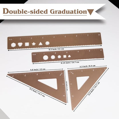 5 Pcs Metal Geometry Set, Math Drafting Ruler Kit- Aluminum Triangle Rulers, Protractor, 8 Inch and 6 Inch Drawing Ruler, Measuring Tool for School and Office (Metric and Inch, Gold)
