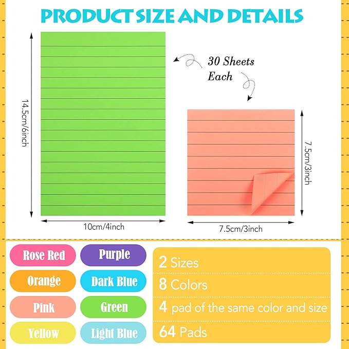 Yexiya 64 Pcs Lined Sticky Notes Self Stick Notes with Lines Bright Assorted Colors Sticky Notes for Home Office Products Post Memos, 1920 Sheets(4 x 6 Inch, 3 x 3 Inch,Vivid Color)