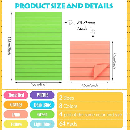 Yexiya 64 Pcs Lined Sticky Notes Self Stick Notes with Lines Bright Assorted Colors Sticky Notes for Home Office Products Post Memos, 1920 Sheets(4 x 6 Inch, 3 x 3 Inch,Vivid Color)