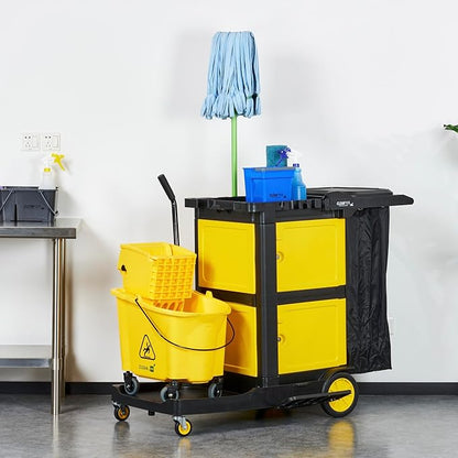 Restaurantware-Clean Tek Professional 3-Shelf Janitor Cart with Wheels, 1 Cleaning Trolley with Cover and 21 Gallon Bag - Includes 1 Double Locking Cabinet, Heavy-Duty, Gray Plastic Janitorial Cart