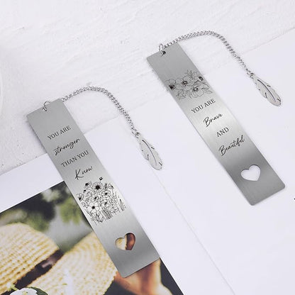 Inspirational Metal Bookmark Gift - 2 PCs You are Brave Stronger Than You Know Bookmarks Reading Women Girls Flower Motivational Appreciation Book Marks Pendant Family Friends Birthday
