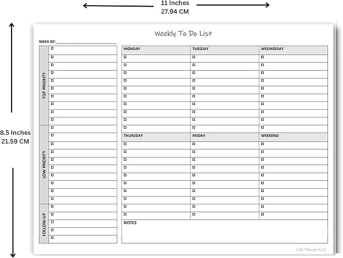 Weekly To Do List Notepad, 60 Page Task Planning Pad w/Daily Checklist, Priority Todo Checkbox & Notes. Desk Notebook to Organize Office 11 X 8.5