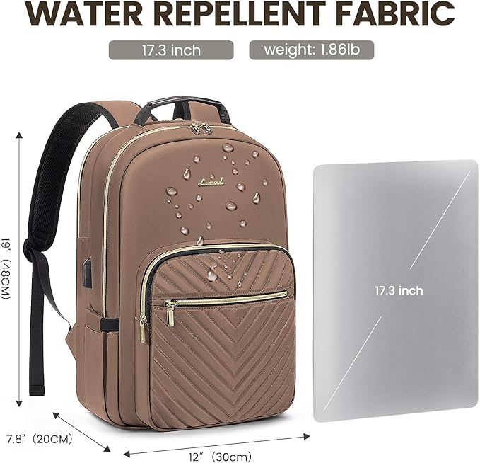 LOVEVOOK Laptop Backpack for Women 17.3 inch,Cute Womens Travel Backpack Purse,Professional Laptop Computer Bag,Waterproof Work Business College Teacher Bags Carry on Backpack with USB Port,Brown