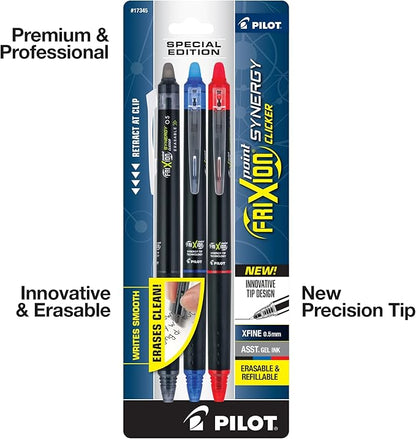 Pilot, FriXion Synergy Clicker Erasable, Refillable, Retractable Gel Ink Pens, Extra Fine Point 0.5 mm, Pack of 3, Black, Blue & Red