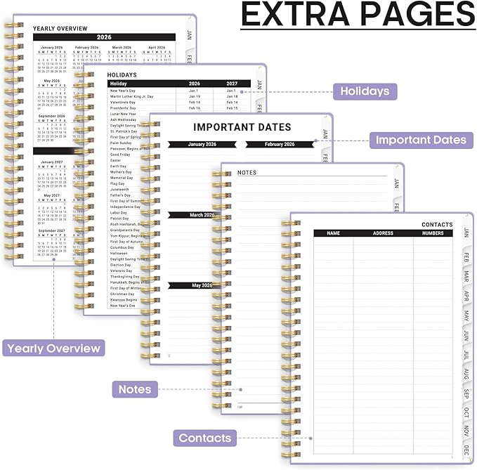 2026 Planner, Weekly and Monthly Calendar Planner, January 2026 - December 2026, Hardcover 2026 Calendar Planner Book with Tabs For Women & Men, Inner Pocket, Spiral Bound, Perfect for Office Home School Supplies - A4 (8.5" x 11"), Purple
