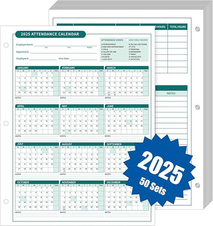 ReliThick 50 PCS 2025 Attendance Calendar Card Stock Paper 2025 Attendance Sheets for 3 Hole Binder Employee Record Folders for Manager, HR, Store Location Managers(Green)