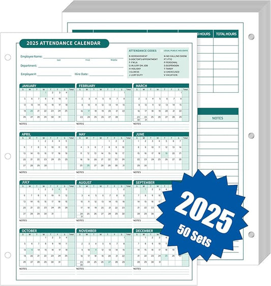 ReliThick 50 PCS 2025 Attendance Calendar Card Stock Paper 2025 Attendance Sheets for 3 Hole Binder Employee Record Folders for Manager, HR, Store Location Managers(Green)