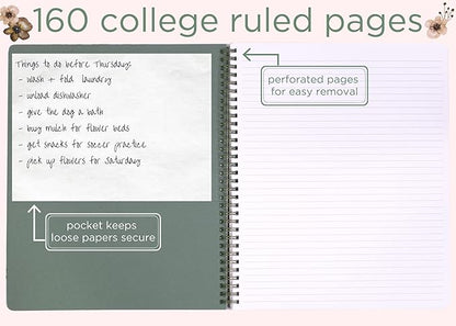 Steel Mill & Co Cute Large Spiral Notebook College Ruled, 11" x 9.5" with Durable Hardcover and 160 Lined Pages, Woodland Floral