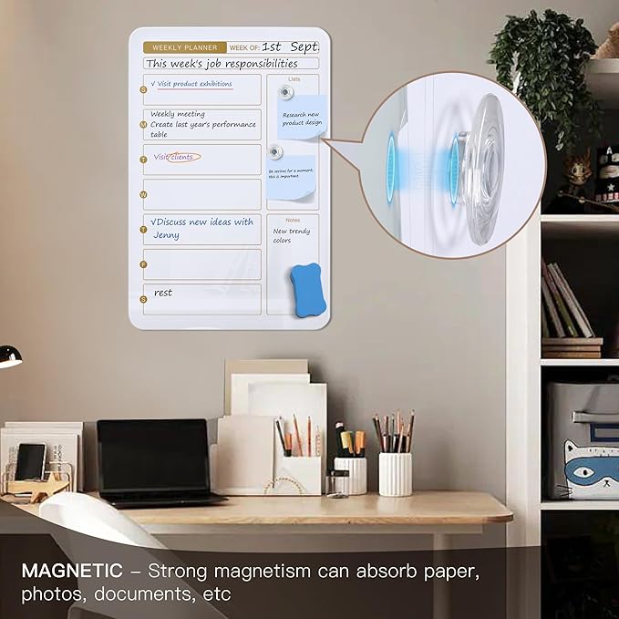 SELEAD Magnetic Glass Whiteboard Weekly Planner - 16”x24” Dry Erase Calendar White Board for Wall, Menu TODO Grocery List Board for Home Kitchen Restaurant - White&Gold