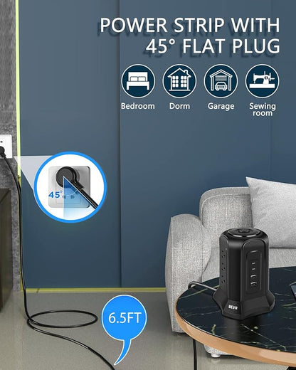 BEVA Tower Surge Protector Power Strip, Desk Charging Station with 9 AC Outlet and 4 USB Ports, 18AWG 6.5 FT Extension Cord, 3-Prong Flat Plug, Multiple Outlets for Office Dorm Apartment Essentials