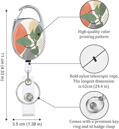 Badge Reels Retractable Double Sided Color Print Pattern Holders with Retractable Keychain and Badge Clip, Durable Nylon Rope, Foliage