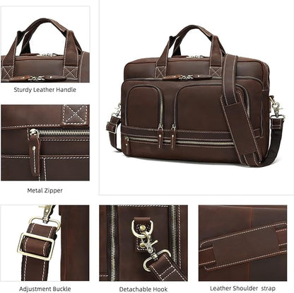 Full Grain 17.3" Leather Briefcase Messenger Laptop Bag For Men