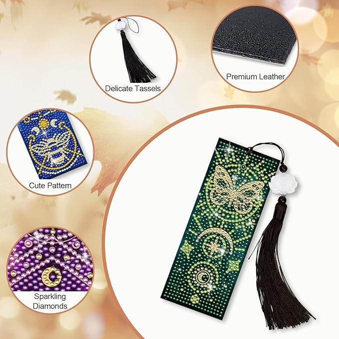Anseal 5D Diamond Painting Bookmarks for Book Lovers, Rhinestone PU Leather Diamond Art Bookmark for Women Girls, Tassel Beaded Book Mark for Graduation Birthday Reading Present (Tarot)