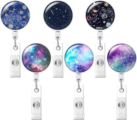 Retractable ID Badge Holder Nurse Badge Reels with Clip Name Card Holders for Office Worker Doctor Nurse (6 Pack Starry Sky)