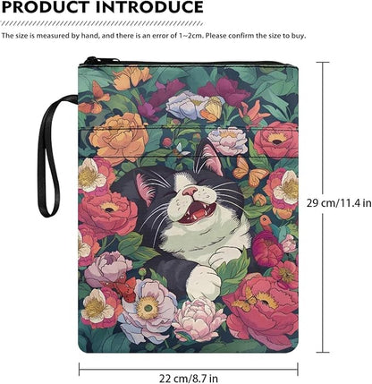 COEQINE Book Sleeves Cats Flower Book Covers Book Lover Gifts Book Protector with Zipper Book Covers for Paperbacks Book Pouch with Pockets Travel Book Case