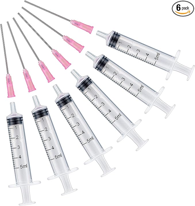 6PCS 5ML/CC Ink Filling Plastic Syringe Set with Bluent Stainless Needle Tip for Fountain Pen, Printer