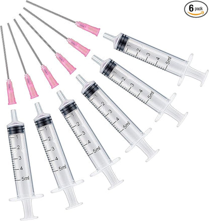 6PCS 5ML/CC Ink Filling Plastic Syringe Set with Bluent Stainless Needle Tip for Fountain Pen, Printer