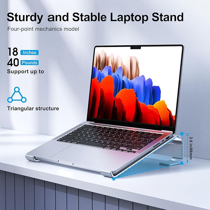 Laptop Stand for Desk, Aluminum Laptop Cooling Stand, Ergonomic Computer Stand for Laptop, Laptop Riser Compatible with for MacBook Pro/Air, Dell, HP, Lenovo, 10-17.3'', Silver