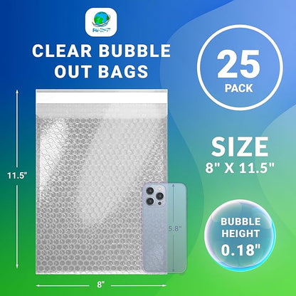 Clear Bubble Out Bags, 8 x 11.5 Inches. 25 Pack Self Seal Bubble Pouches. Polyethylene Clear Bubble Bags for Packing. Waterproof Clear Bubble Out Pouches for Fragile Things