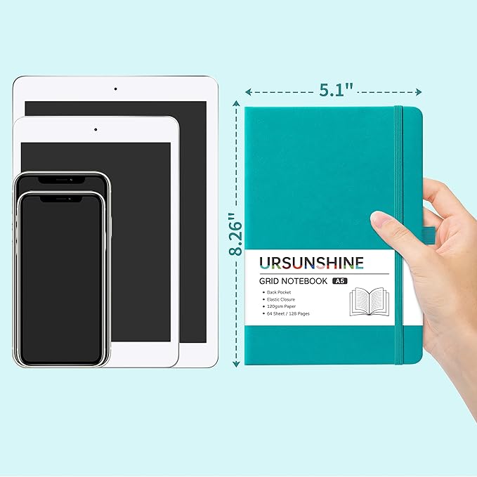 Graph Grid Paper Notebook/Journal - Classic Journal/Notebook with Ribbon Divider, Hardcover with Thick Paper, 5.3" x 8.26", Banded + Pen Holder +Inner Pocket - Cyan