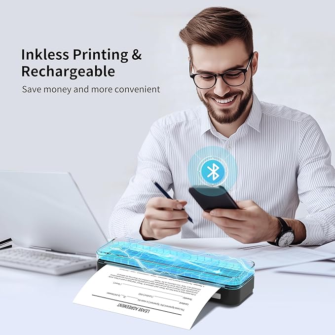 300DPI Portable Printer Wireless for Travel, Inkless Small Bluetooth Printers for Home Use, Compatible with Mobile Phone & Laptop, Support 8.5 x 11 Inch & A4 Thermal Printer Paper, Black