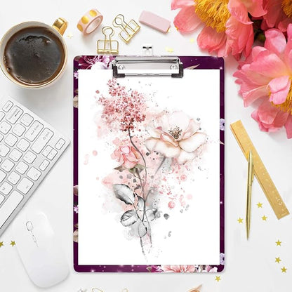 WAVEYU Letter Size Clipboard, Cute Decorative Clipboard with Low Profile Clip for Students Nurse Flower Clipboard Designed for Office School, Purple Flower (12.5"x9")