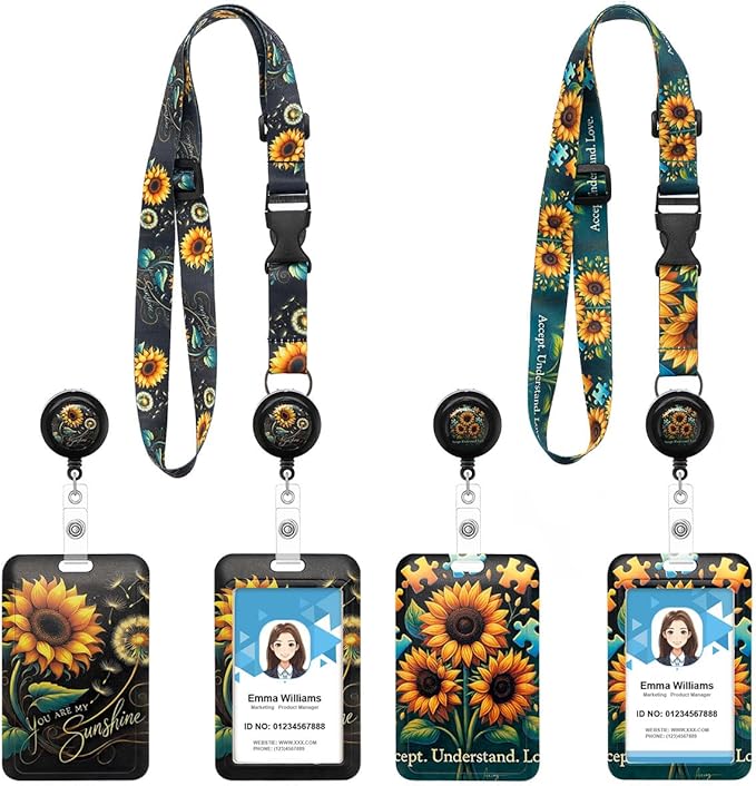 2 Pack Sunflower Badge Lanyards,Adjustable Lanyard with Retractable Badge Reel,Cute ID Badge Holder for Teachers, Nurses, Students, Office Staff & Cruise Essentials