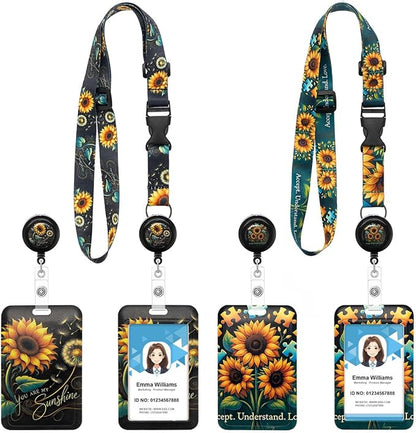 2 Pack Sunflower Badge Lanyards,Adjustable Lanyard with Retractable Badge Reel,Cute ID Badge Holder for Teachers, Nurses, Students, Office Staff & Cruise Essentials