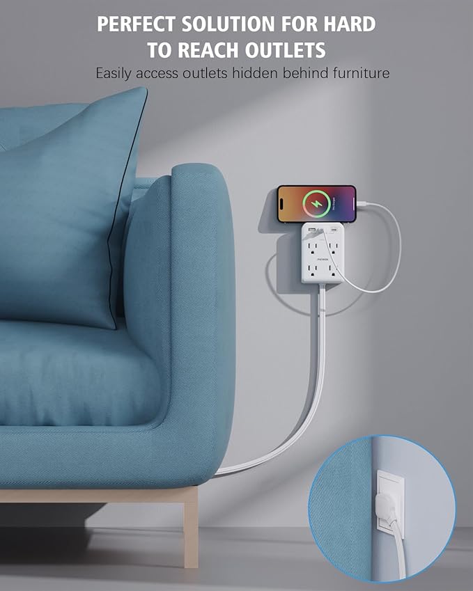 Flat Electrical Outlet Extender with USB C Ports, 4 Outlet 3 USB Wall Plug, 6 ft Thin Extension Cord, Flat Plug Power Strip Surge Protector for Home, Office. White