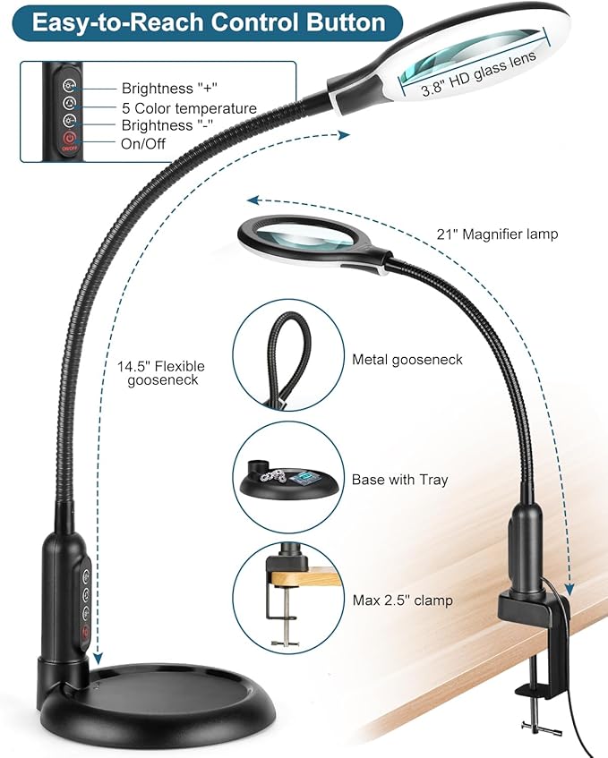 10X Magnifying Glass with Light and Stand, LED 5 Color Modes, Brightness Stepless Dimming Lighted Magnifier Hands Free, Flexible Gooseneck Desk Lamp with Clamp for Close Works, Crafts, Hobby, Painting