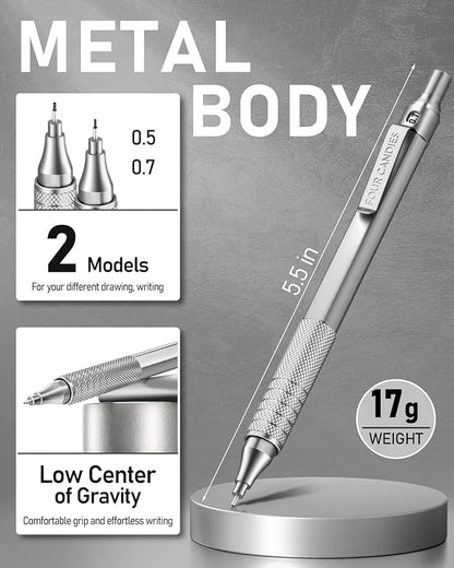 Four Candies 4PCS Metal Mechanical Pencils Set with Case, 0.5mm & 0.7 mm Artist Pencil with 8 Tubes (480PCS) HB Lead Refills, 3 Erasers,9 Eraser Refills For Writing Drafting, Drawing, Black&Silver