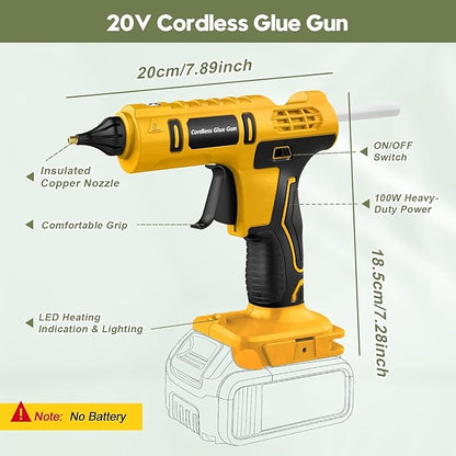100W Cordless Hot Glue Gun for DeWalt 20V Battery(NO Battery), Full Size Hot Glue Gun Cordless & Rechargeable, Wireless Hot Glue Gun Kit with 12pcs 0.43'' Large Hot Glue Gun Stick Set for Craft & DIY